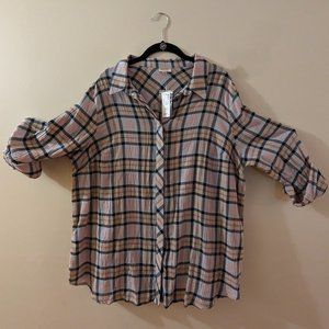 Brand New Avenue Plaid Gauze Crinkle Button Down Blouse - Size 18/20